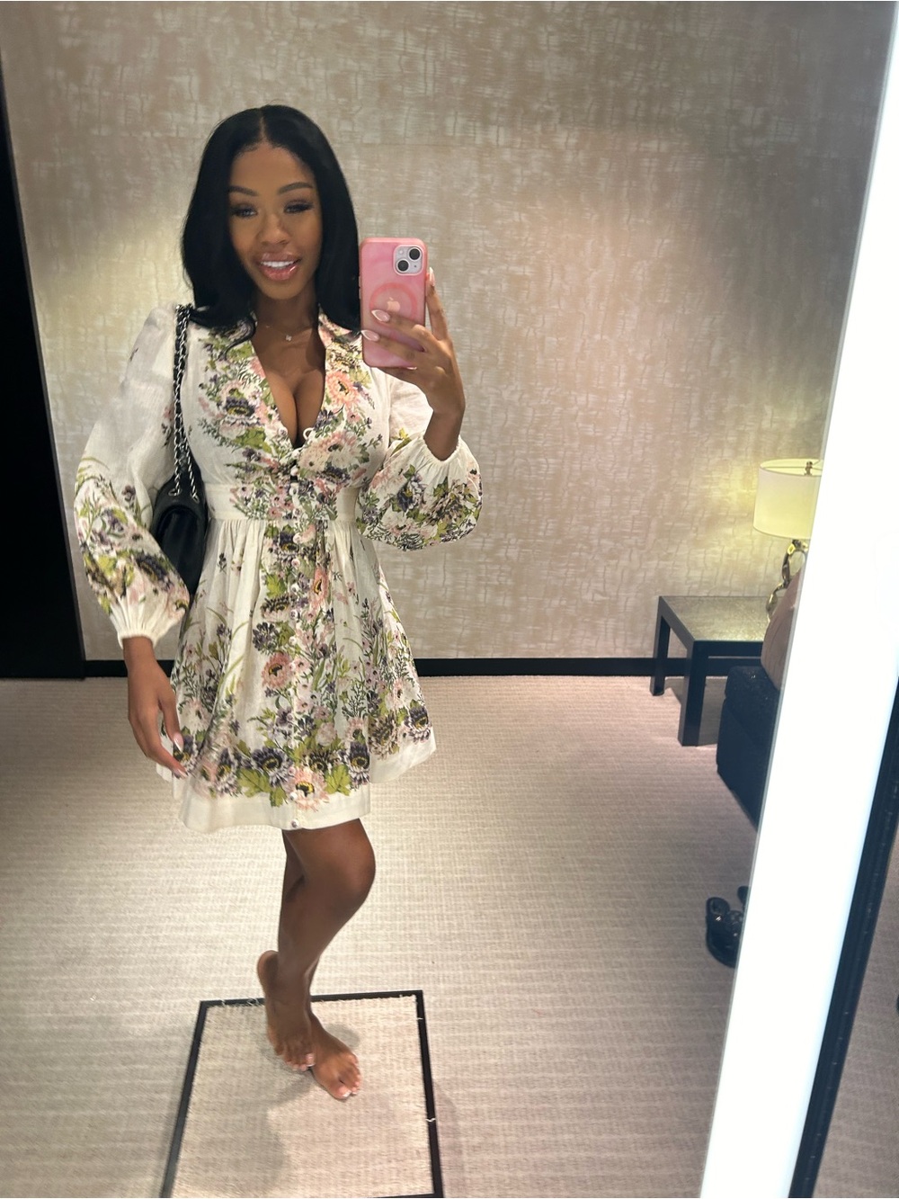 Zimmermann White Floral V-Neck Long Sleeve Mini Dress
